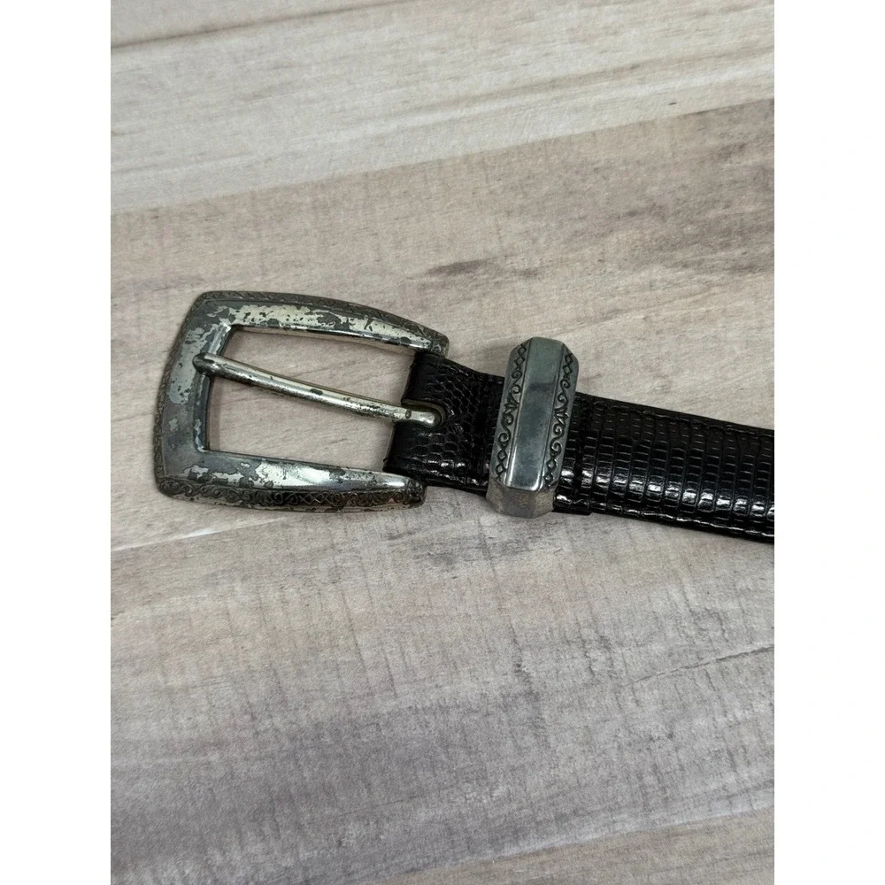 Belt Women Western Cowgirl Boho M Black Lizard Embossed Leather Silver Buckle